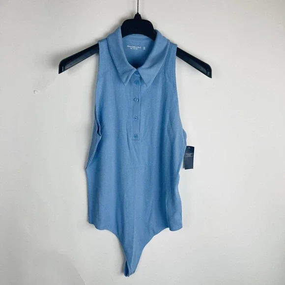 New Abercrombie & Fitch Womans Sz XL Soft A&F Ribbed Polo Bodysuit Blue NWT - Picture 2 of 7